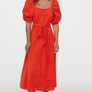 red puff sleeve button down midi dress